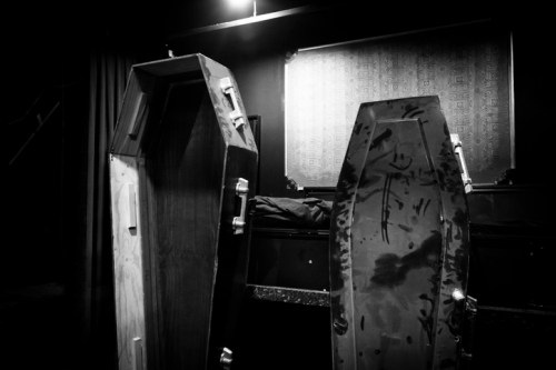 Two open coffins in a dimly lit room, with dark curtains and a patterned backdrop. The atmosphere is eerie and somber.