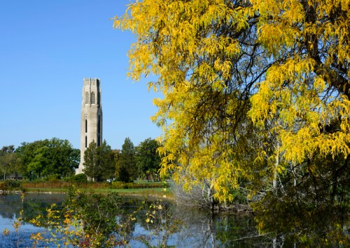 A tall tower stands by a serene pond, framed by vibrant yellow autumn leaves against a clear blue sky.