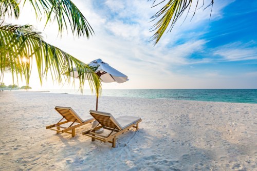Two lounge chairs under an umbrella on a sandy beach, with palm leaves and a serene ocean in the background.