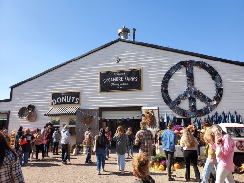 A busy farm market with people outside, featuring a sign for donuts and a large peace symbol on the building.