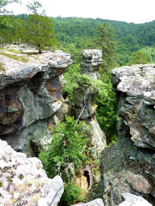 A scenic view of rocky cliffs surrounded by lush green trees and a clear sky in the background.