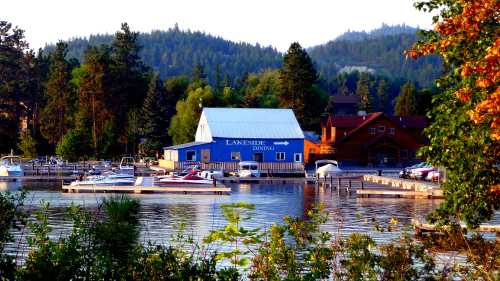 A serene lakeside scene featuring a blue dining building, boats docked, and lush greenery in the background.