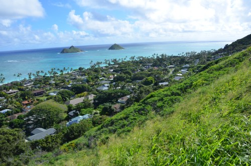 A scenic view of a coastal area with lush greenery, houses, and two small islands in the turquoise ocean.