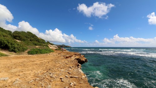 A rocky coastline with lush greenery, under a bright blue sky with scattered clouds and gentle ocean waves.