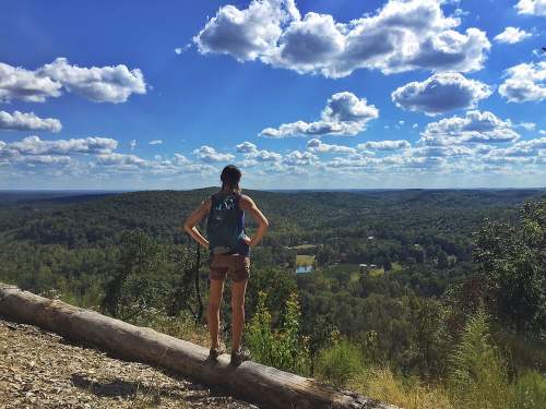 A person stands on a log, gazing at a lush green landscape under a blue sky filled with fluffy clouds.
