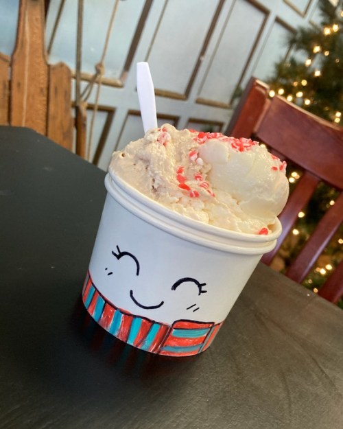 A cheerful cup of ice cream topped with whipped cream and crushed peppermint, sitting on a table.