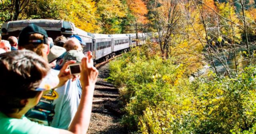 A crowd of people watches a train passing through a colorful autumn landscape with trees and a river.