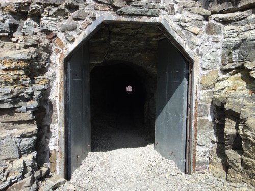 A dark stone tunnel entrance with metal doors, leading into a shadowy interior. Sunlight illuminates the entrance.