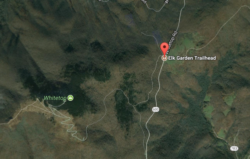 Map showing the Elk Garden Trailhead location, surrounded by mountainous terrain and nearby Whitetop area.