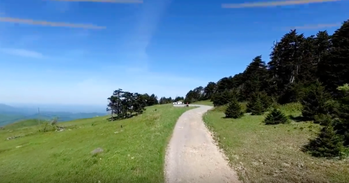 A winding dirt path through lush green hills and trees under a clear blue sky.