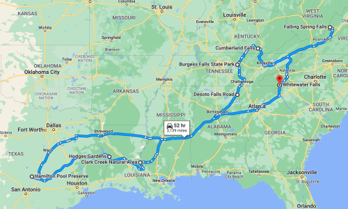 Map showing a route from Houston, Texas, to Whitewater Falls, North Carolina, with various stops along the way.