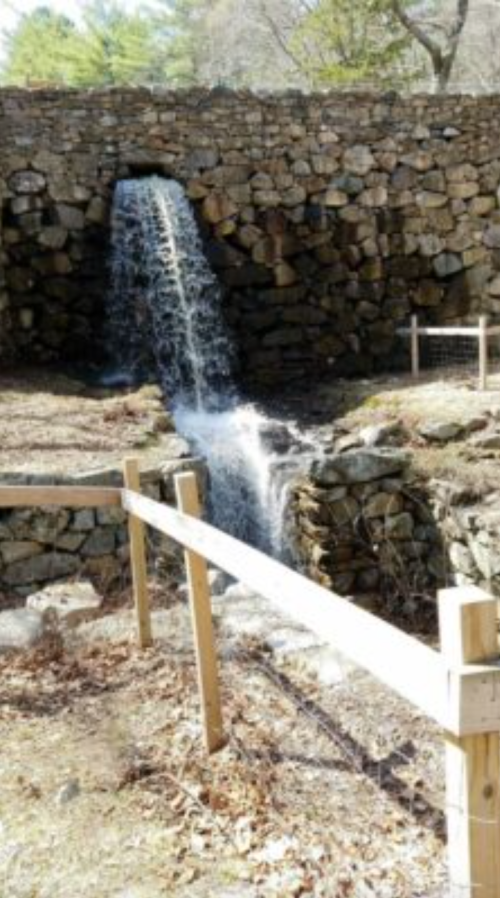 A small waterfall flows from a stone wall, surrounded by dry ground and wooden fencing.