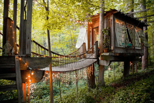 A charming treehouse connected by a rope bridge, surrounded by lush greenery and adorned with fairy lights.