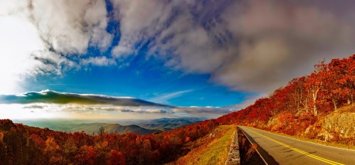 A scenic view of a winding road through vibrant autumn foliage under a dramatic sky.