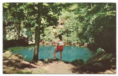 A woman in a white top and red shorts stands by a serene blue pond surrounded by lush greenery.