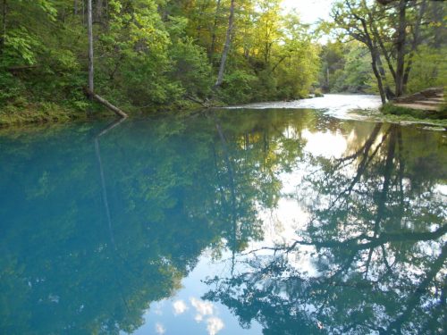 A serene blue river surrounded by lush green trees, reflecting the sky and foliage in calm waters.