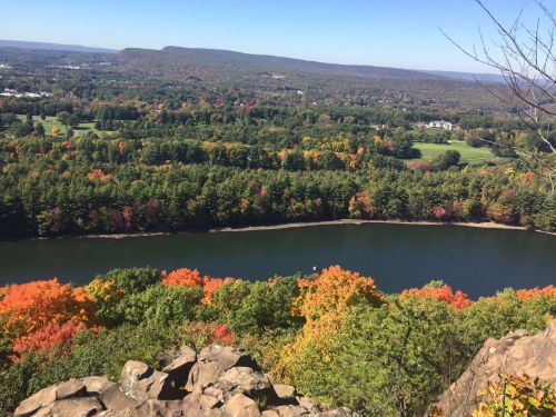 A scenic view of a river surrounded by vibrant autumn foliage and rolling hills under a clear blue sky.