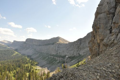 A panoramic view of rugged mountains and a lush valley under a clear blue sky.