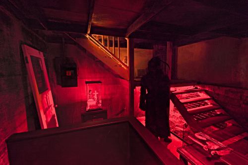 A dimly lit basement with red lighting, featuring a shadowy figure near stairs and various objects scattered around.