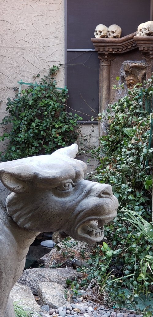 A stone dog statue in a garden, with greenery and skulls on a nearby structure in the background.