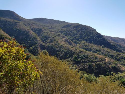 Lush green hills under a clear blue sky, showcasing a serene natural landscape.