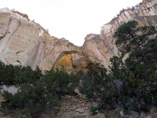 Natural rock arch surrounded by rugged cliffs and green shrubs under a clear sky.