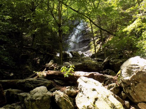 A serene waterfall cascades through a lush forest, surrounded by rocks and greenery. Sunlight filters through the trees.