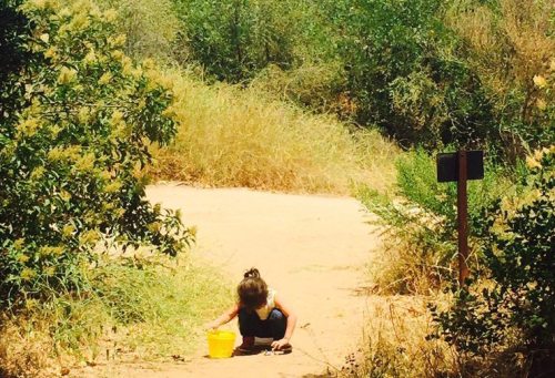 A child crouches on a sandy path, playing with a yellow bucket surrounded by tall grass and greenery.