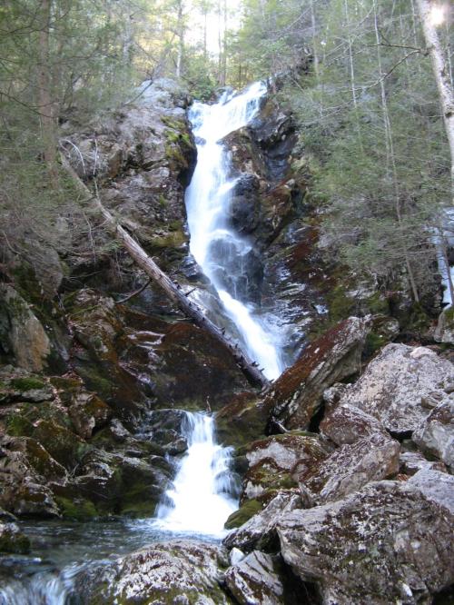 A cascading waterfall flows down rocky terrain, surrounded by lush green trees and moss-covered stones.