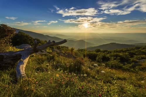 A scenic mountain landscape at sunrise, with vibrant skies and lush greenery in the foreground.
