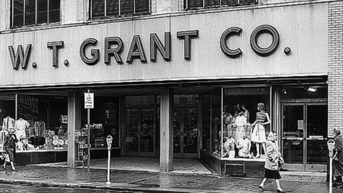 Black and white image of a W.T. Grant Co. storefront with large signage and shoppers outside.