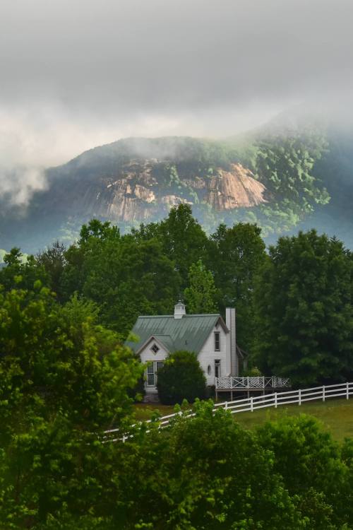 A quaint white house surrounded by lush greenery, with a misty mountain in the background.