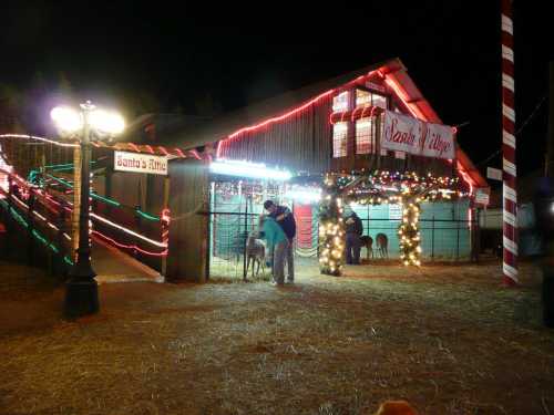 A festive barn decorated with lights for Christmas, featuring a sign for "Santa's Village" and visitors interacting with animals.