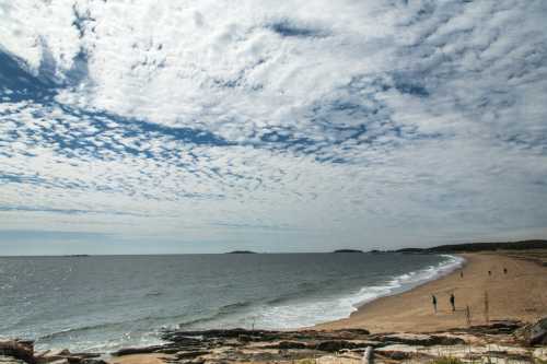 A serene beach scene with gentle waves, a cloudy sky, and a few people walking along the shore.