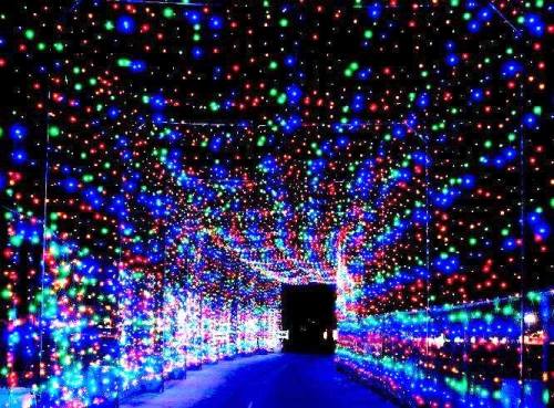 A vibrant tunnel illuminated with colorful lights in red, blue, and green, creating a festive atmosphere.