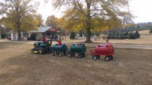 Children ride in colorful toy wagons pulled by a tractor on a grassy field, with trees and a barn in the background.