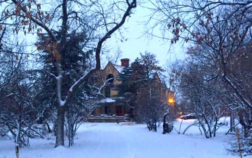 A snow-covered path leads to a large house surrounded by trees, with a warm glow from a window in the evening light.