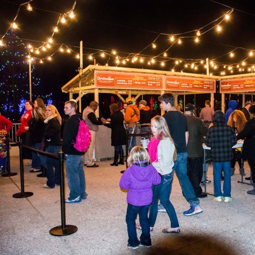 A festive outdoor scene with people in line at food stalls, decorated with string lights and holiday decorations.