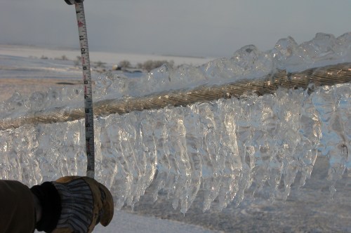 A hand holding a measuring tape next to large icicles hanging from a wire in a snowy landscape.