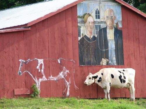 A cow stands beside a red barn featuring a mural of two people and a painted outline of another cow.