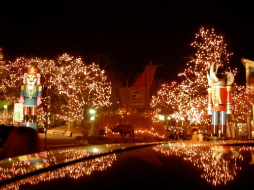 A festive night scene with illuminated trees and large nutcracker decorations, reflecting on a car's surface.