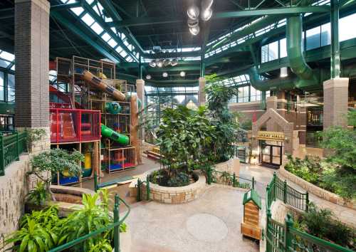 Indoor play area featuring colorful slides, climbing structures, and lush greenery under a glass ceiling.