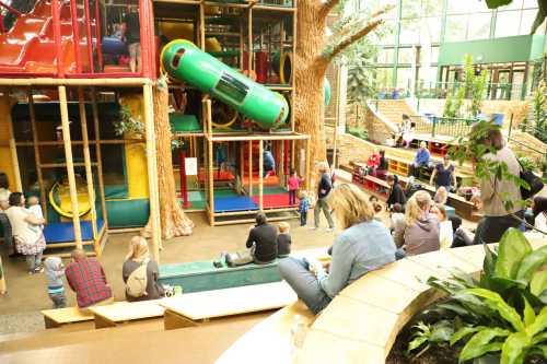 A vibrant indoor play area with climbing structures, slides, and families enjoying the space. Greenery adds a natural touch.