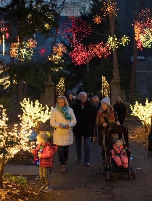 A festive scene with families walking through a park adorned with colorful holiday lights and decorations.