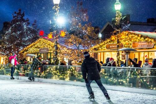 A festive outdoor ice skating rink surrounded by twinkling lights and holiday decorations, with people enjoying the scene.