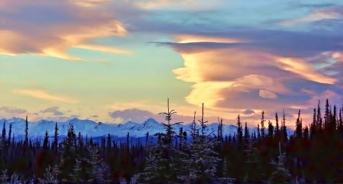 A scenic view of mountains under a colorful sky with unique cloud formations and silhouettes of evergreen trees.