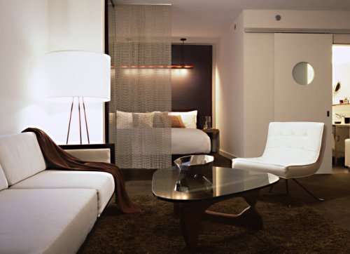 Modern hotel room featuring a cozy seating area, stylish furniture, and a partitioned bedroom in the background.