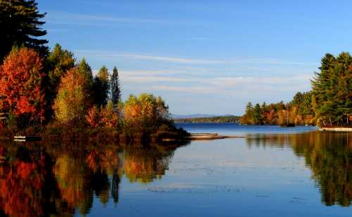 A serene lake surrounded by colorful autumn trees, reflecting the vibrant foliage and clear blue sky.