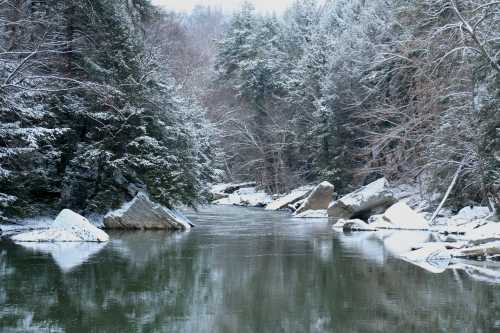 A serene river flows through a snowy forest, with large rocks and trees dusted in white.