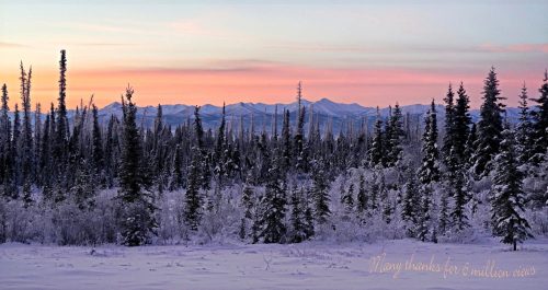 A snowy landscape with tall, dark trees against a pastel sunset and distant mountains. Text overlay: "Many thanks for 6 million views."